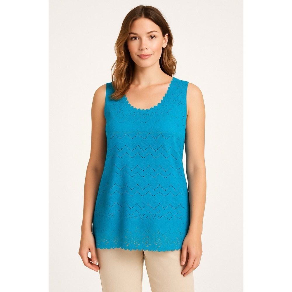 Belle Amie PXL Blue Lace Sleeveless Top Tank‎ Blouse Stretch Floral Eyelet